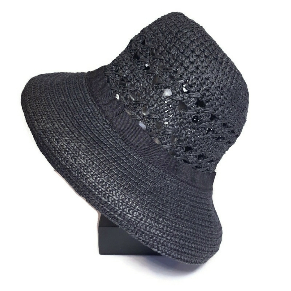 VINTAGE 90s Y2K Woven Straw Bucket Hat Ribbon Detail Retro Trendy